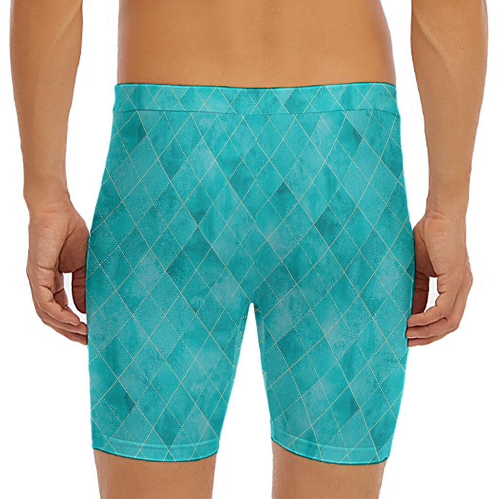 Turquoise Argyle Pattern Print Men's Long Boxer Briefs