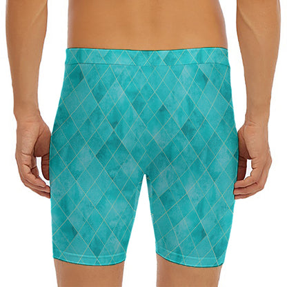Turquoise Argyle Pattern Print Men's Long Boxer Briefs