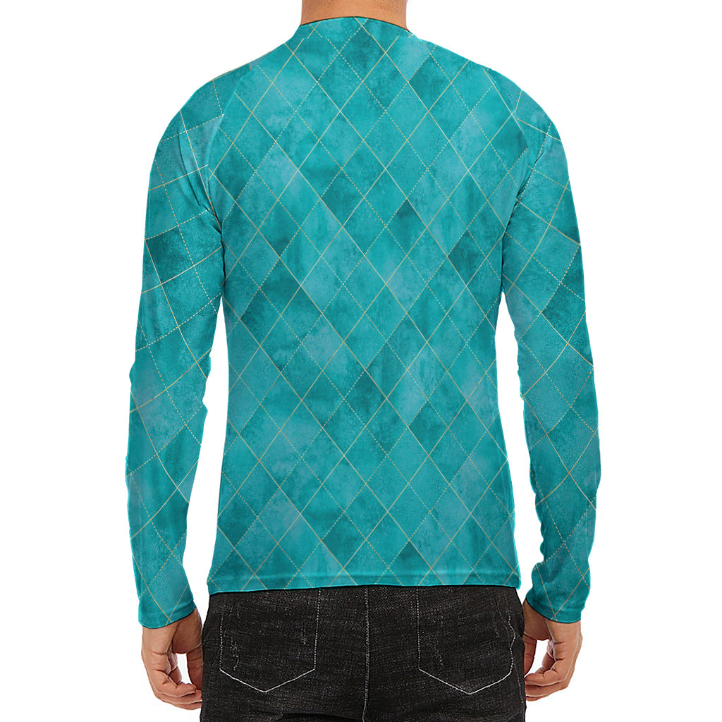 Turquoise Argyle Pattern Print Men's Long Sleeve Rash Guard