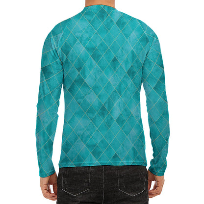 Turquoise Argyle Pattern Print Men's Long Sleeve Rash Guard