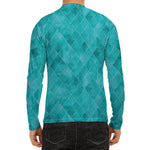 Turquoise Argyle Pattern Print Men's Long Sleeve Rash Guard
