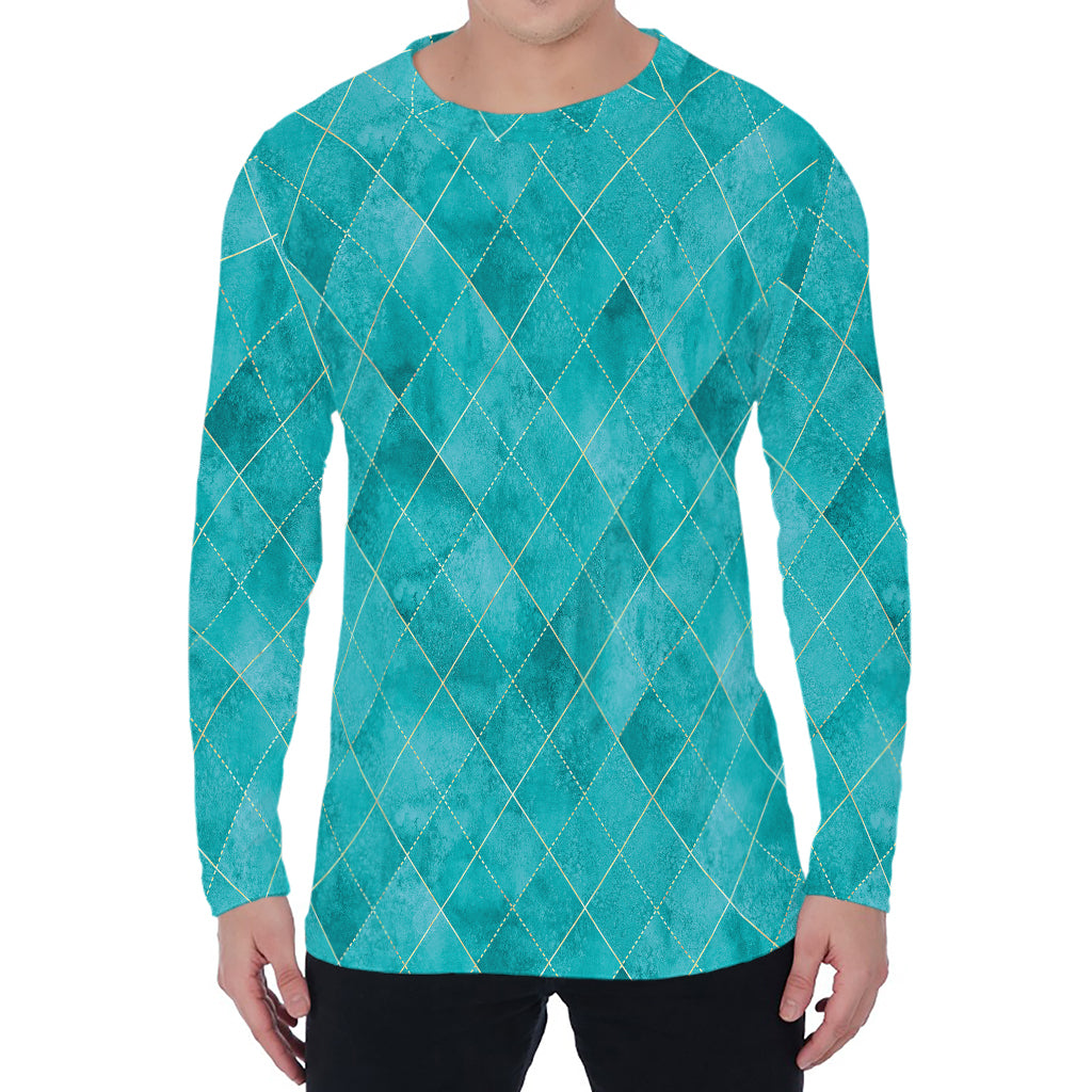 Turquoise Argyle Pattern Print Men's Long Sleeve T-Shirt
