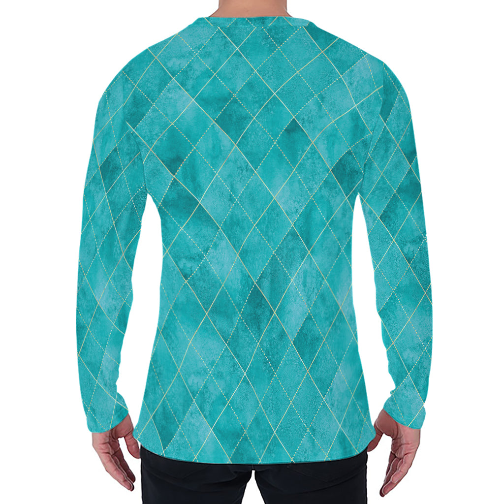 Turquoise Argyle Pattern Print Men's Long Sleeve T-Shirt