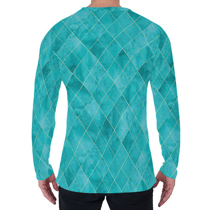 Turquoise Argyle Pattern Print Men's Long Sleeve T-Shirt