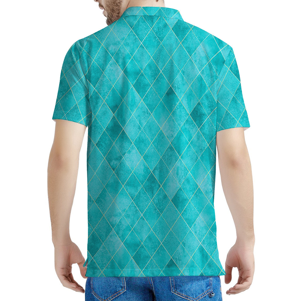 Turquoise Argyle Pattern Print Men's Polo Shirt