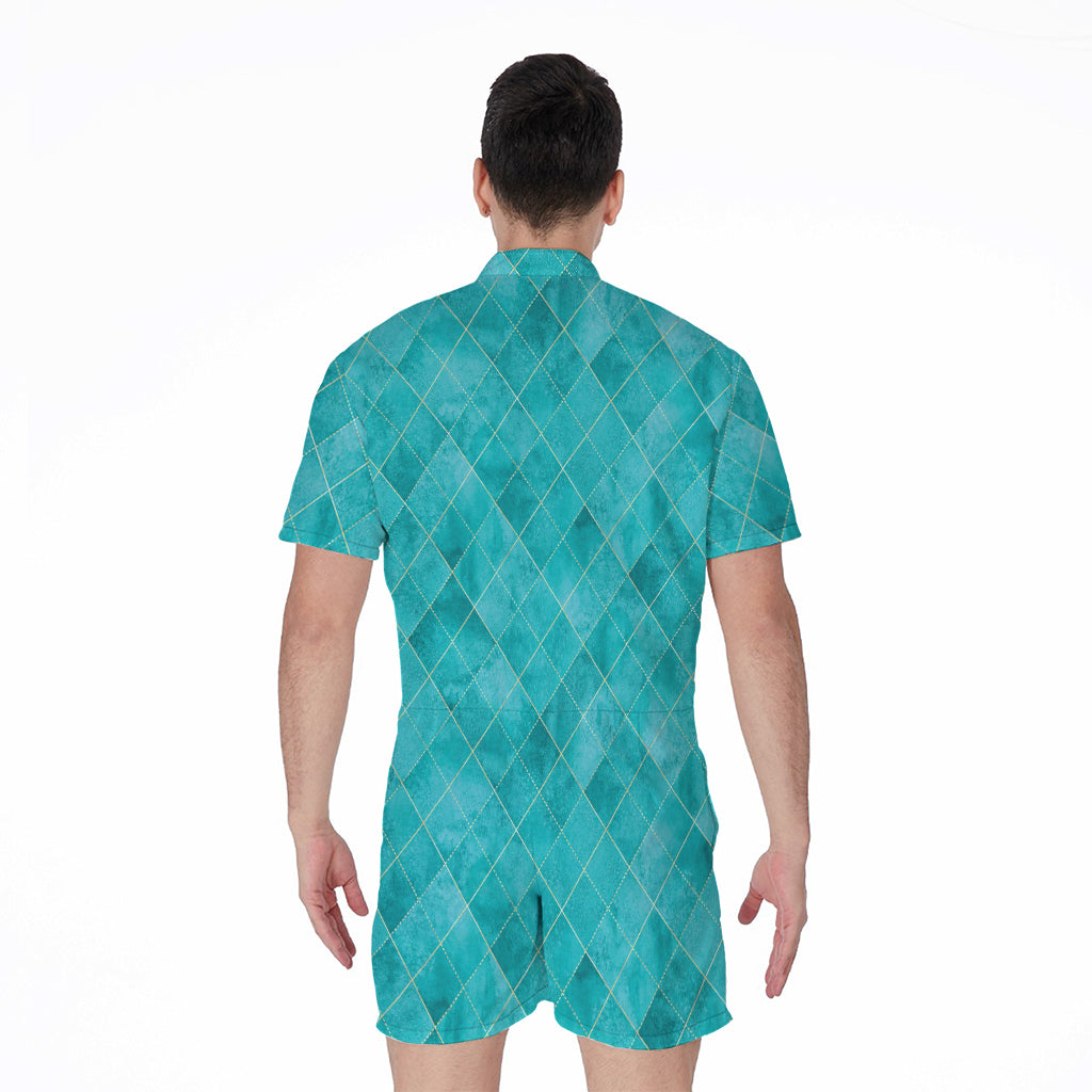 Turquoise Argyle Pattern Print Men's Rompers