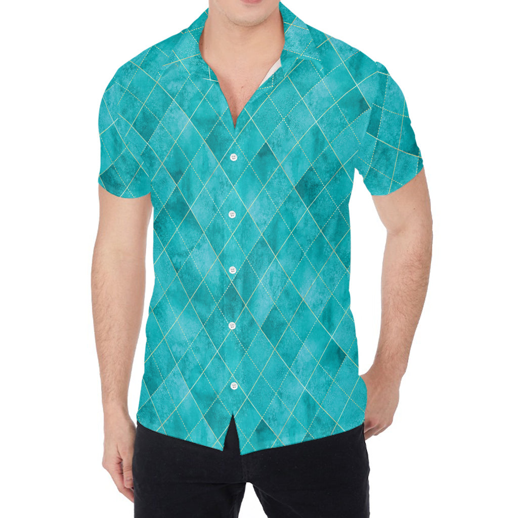 Turquoise Argyle Pattern Print Men's Shirt