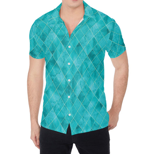 Turquoise Argyle Pattern Print Men's Shirt