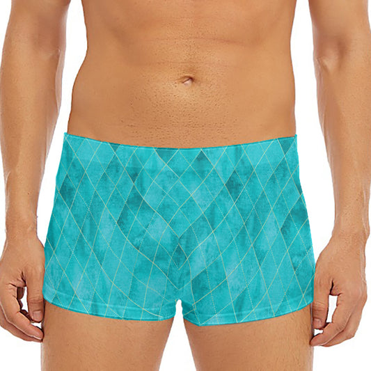 Turquoise Argyle Pattern Print Men's Short Boxer Briefs