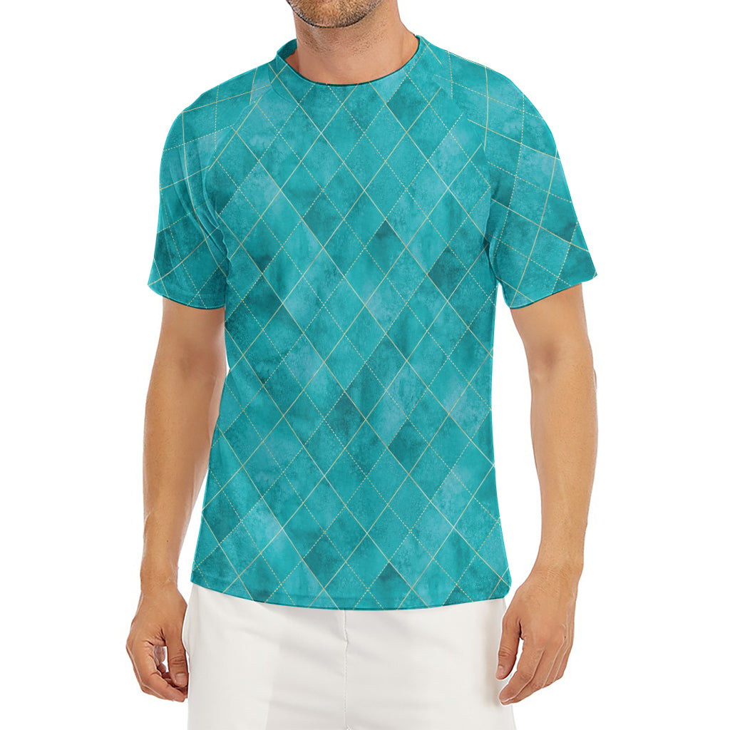 Turquoise Argyle Pattern Print Men's Short Sleeve Rash Guard