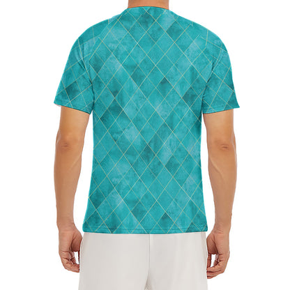 Turquoise Argyle Pattern Print Men's Short Sleeve Rash Guard