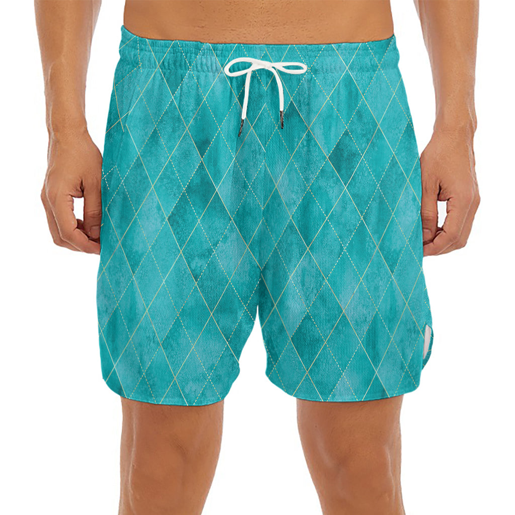 Turquoise Argyle Pattern Print Men's Split Running Shorts