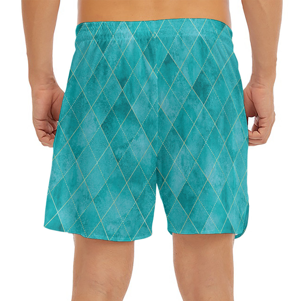 Turquoise Argyle Pattern Print Men's Split Running Shorts
