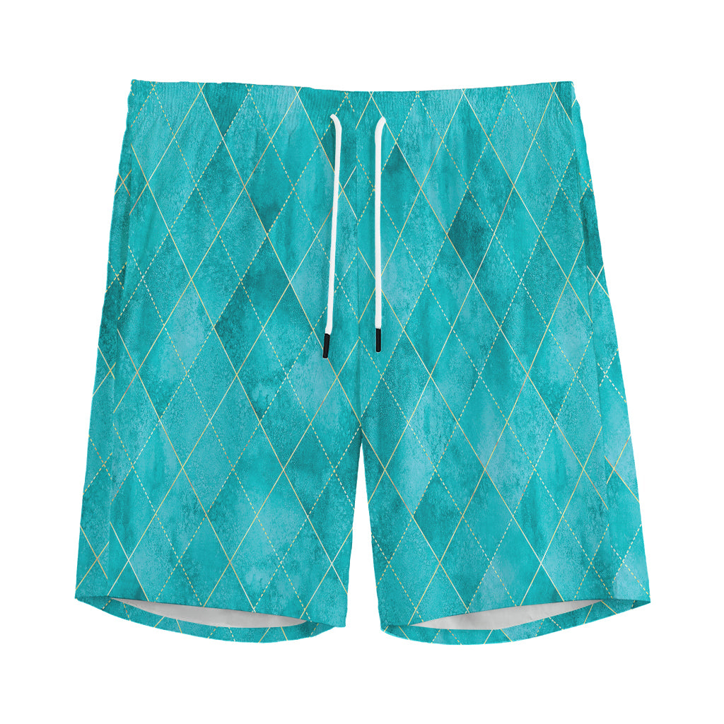 Turquoise Argyle Pattern Print Men's Sports Shorts