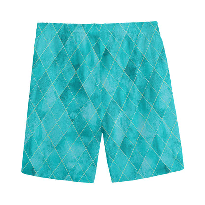 Turquoise Argyle Pattern Print Men's Sports Shorts