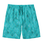 Turquoise Argyle Pattern Print Men's Swim Trunks
