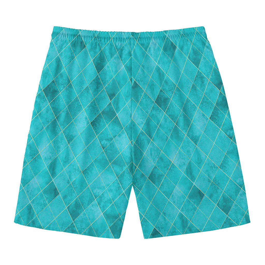 Turquoise Argyle Pattern Print Men's Swim Trunks