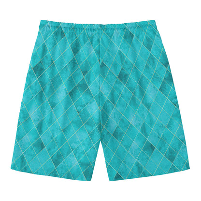 Turquoise Argyle Pattern Print Men's Swim Trunks