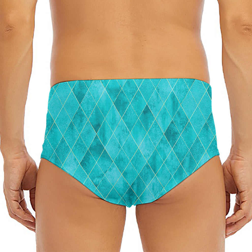Turquoise Argyle Pattern Print Men's Triangle Swim Briefs