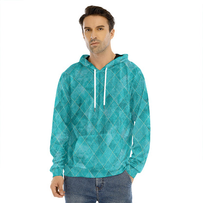 Turquoise Argyle Pattern Print Men's Velvet Pullover Hoodie