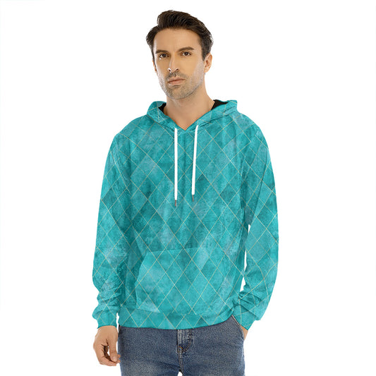 Turquoise Argyle Pattern Print Men's Velvet Pullover Hoodie