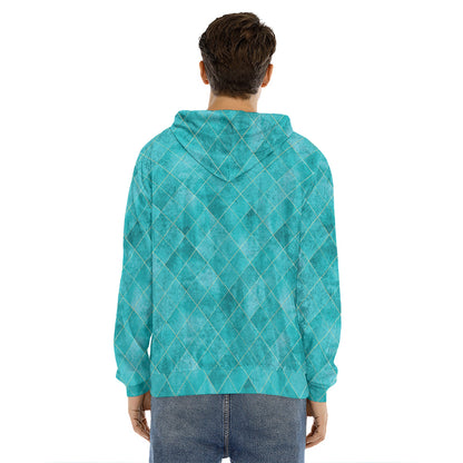 Turquoise Argyle Pattern Print Men's Velvet Pullover Hoodie