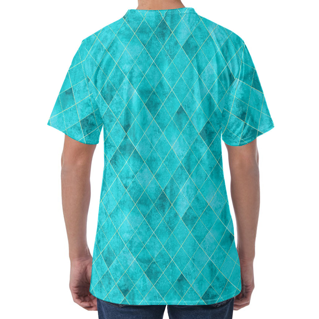 Turquoise Argyle Pattern Print Men's Velvet T-Shirt