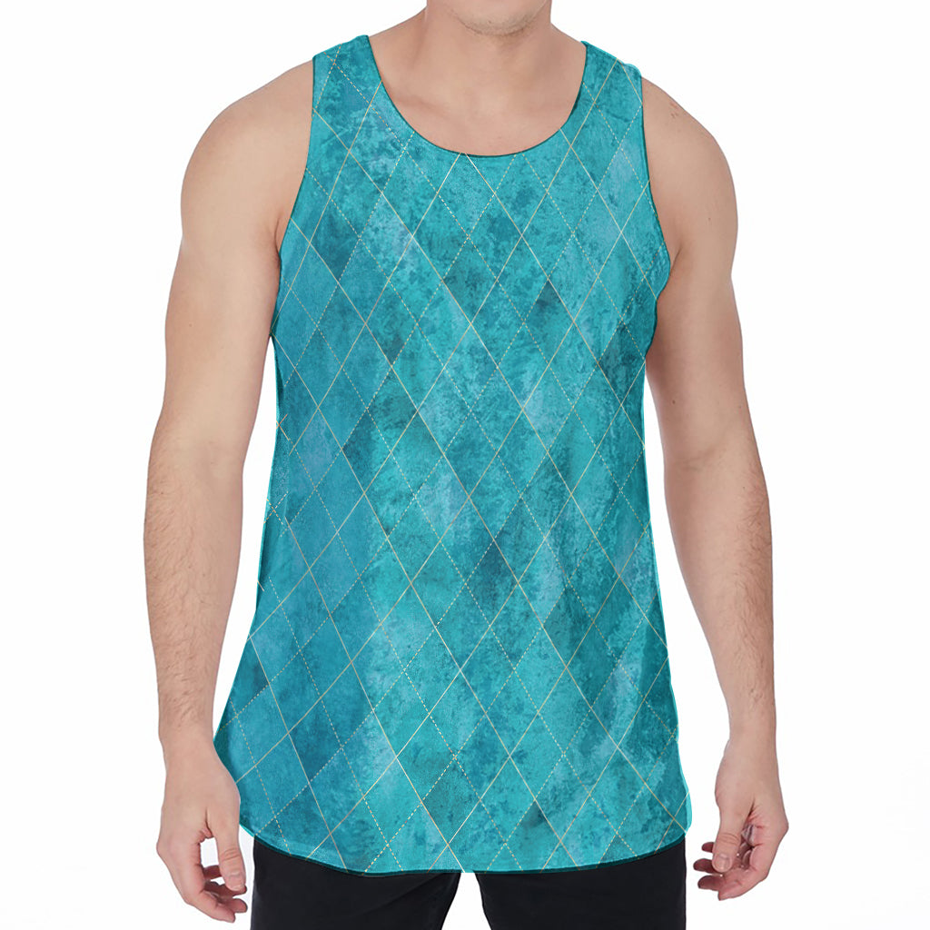 Turquoise Argyle Pattern Print Men's Velvet Tank Top