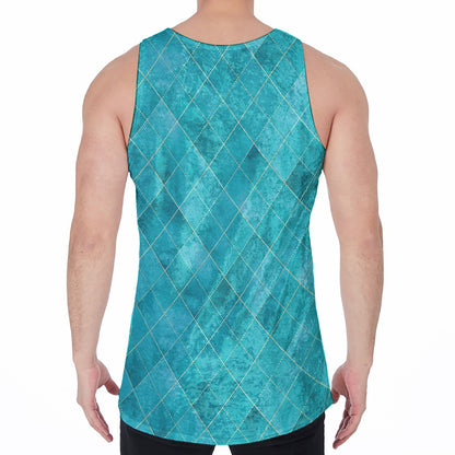 Turquoise Argyle Pattern Print Men's Velvet Tank Top