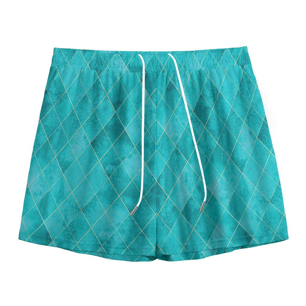 Turquoise Argyle Pattern Print Mesh Shorts