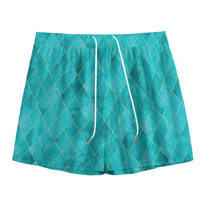 Turquoise Argyle Pattern Print Mesh Shorts