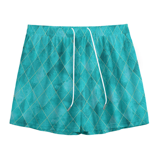 Turquoise Argyle Pattern Print Mesh Shorts