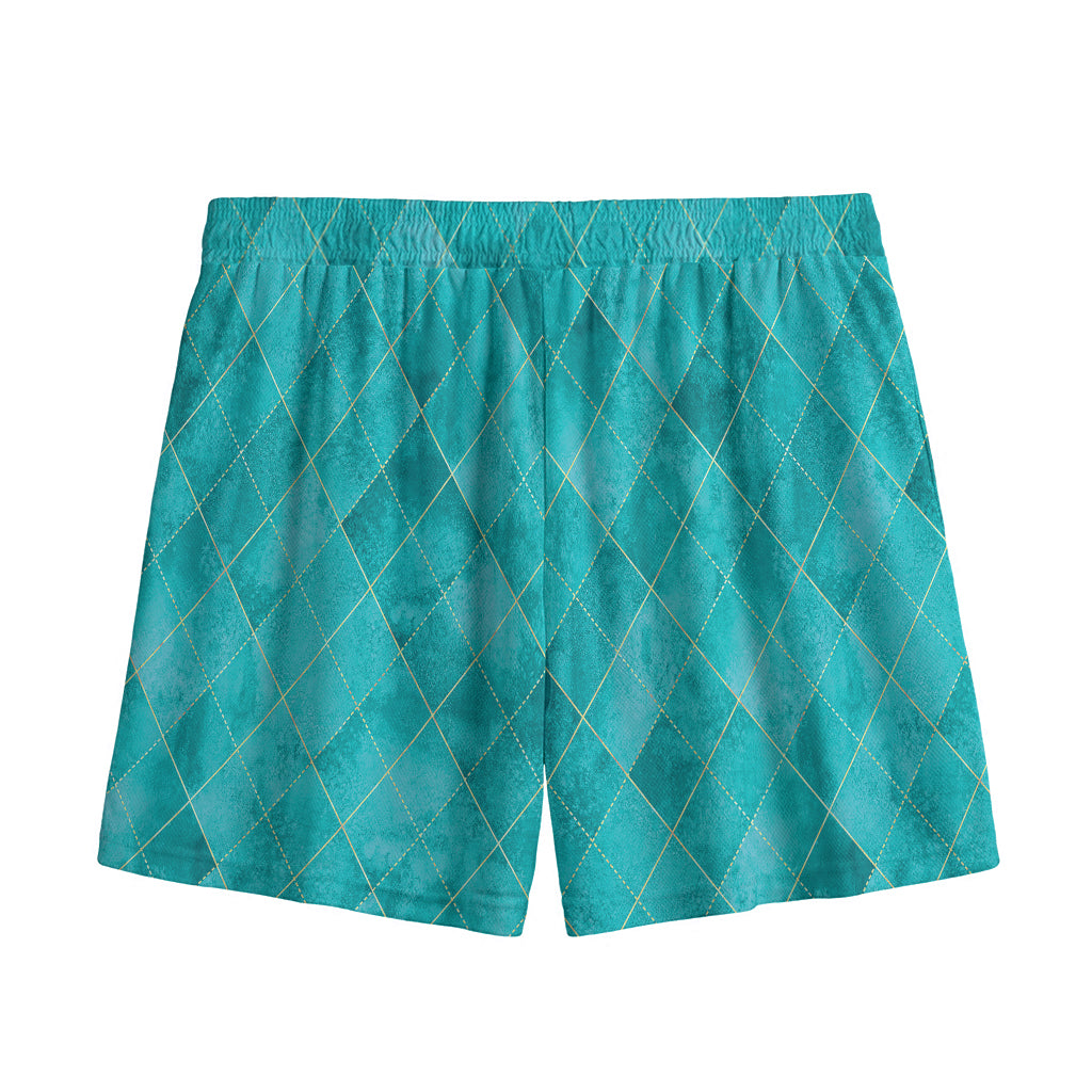 Turquoise Argyle Pattern Print Mesh Shorts