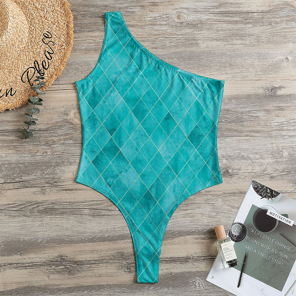 Turquoise Argyle Pattern Print One Shoulder Bodysuit