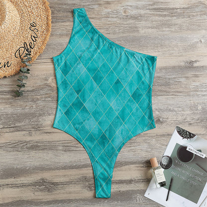 Turquoise Argyle Pattern Print One Shoulder Bodysuit