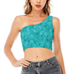 Turquoise Argyle Pattern Print One Shoulder Crop Top
