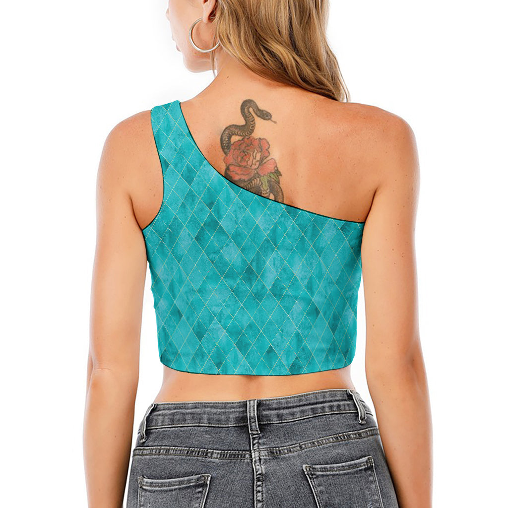 Turquoise Argyle Pattern Print One Shoulder Crop Top