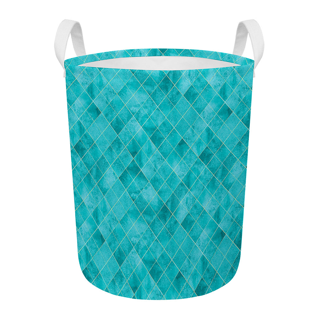 Turquoise Argyle Pattern Print Round Laundry Basket
