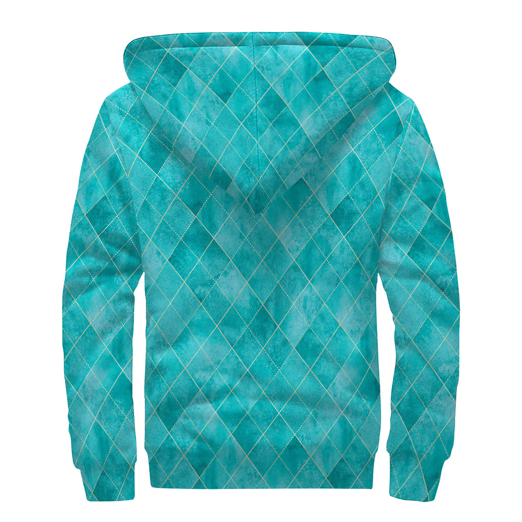 Turquoise Argyle Pattern Print Sherpa Lined Zip Up Hoodie