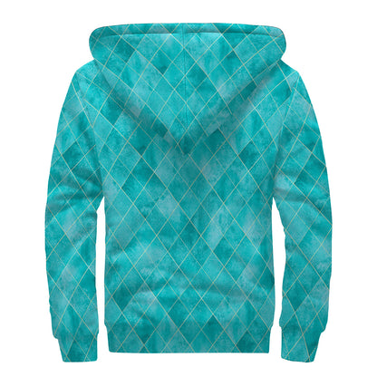 Turquoise Argyle Pattern Print Sherpa Lined Zip Up Hoodie