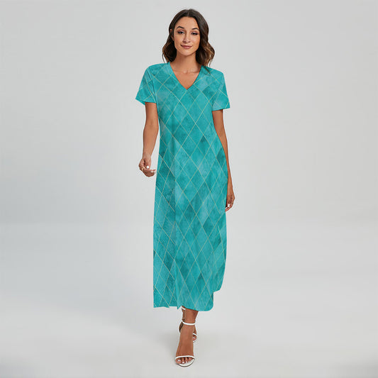 Turquoise Argyle Pattern Print Short Sleeve Maxi Dress