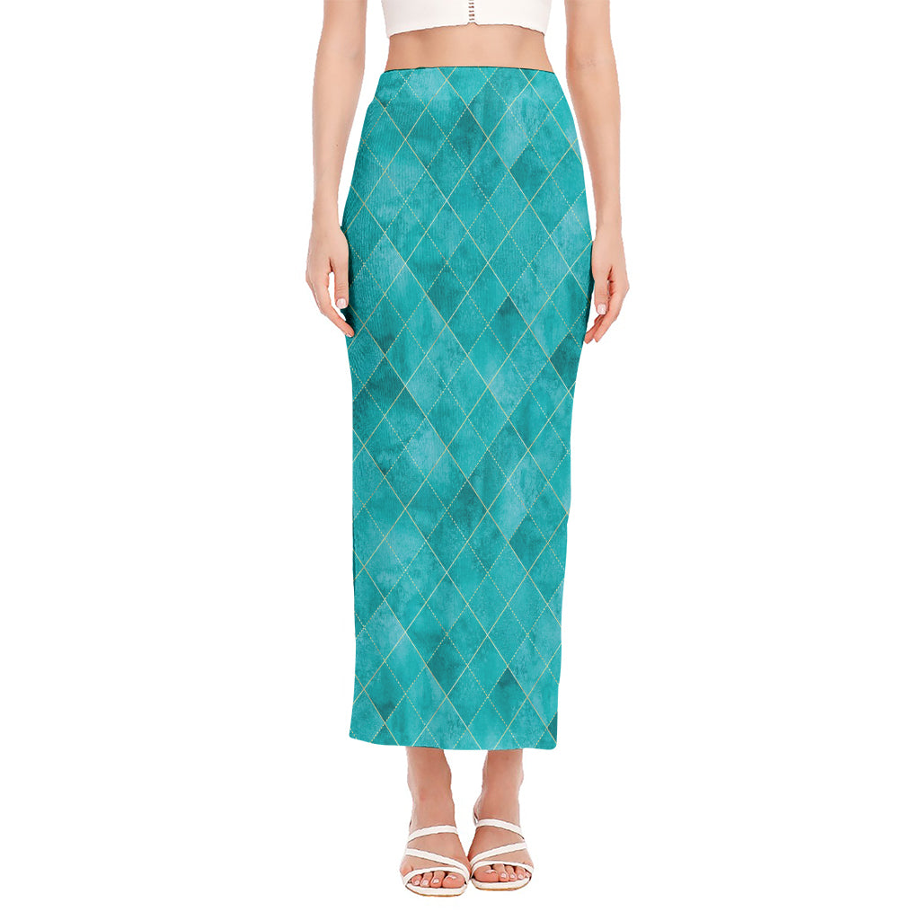 Turquoise Argyle Pattern Print Side Slit Maxi Skirt