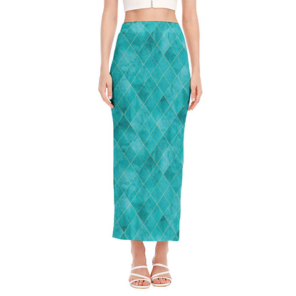 Turquoise Argyle Pattern Print Side Slit Maxi Skirt