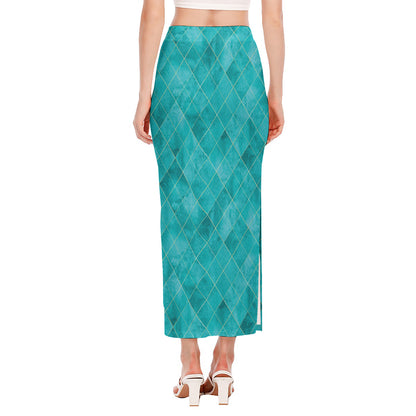 Turquoise Argyle Pattern Print Side Slit Maxi Skirt