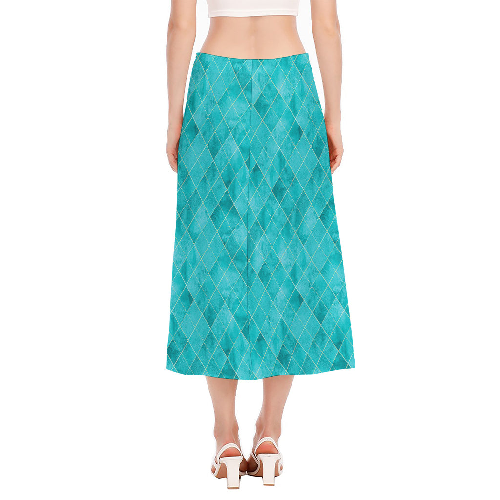 Turquoise Argyle Pattern Print Side Slit Midi Skirt