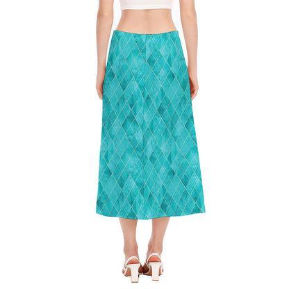 Turquoise Argyle Pattern Print Side Slit Midi Skirt