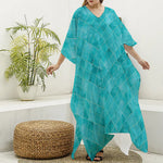 Turquoise Argyle Pattern Print Silk V-Neck Kaftan Dress