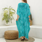 Turquoise Argyle Pattern Print Silk V-Neck Kaftan Dress