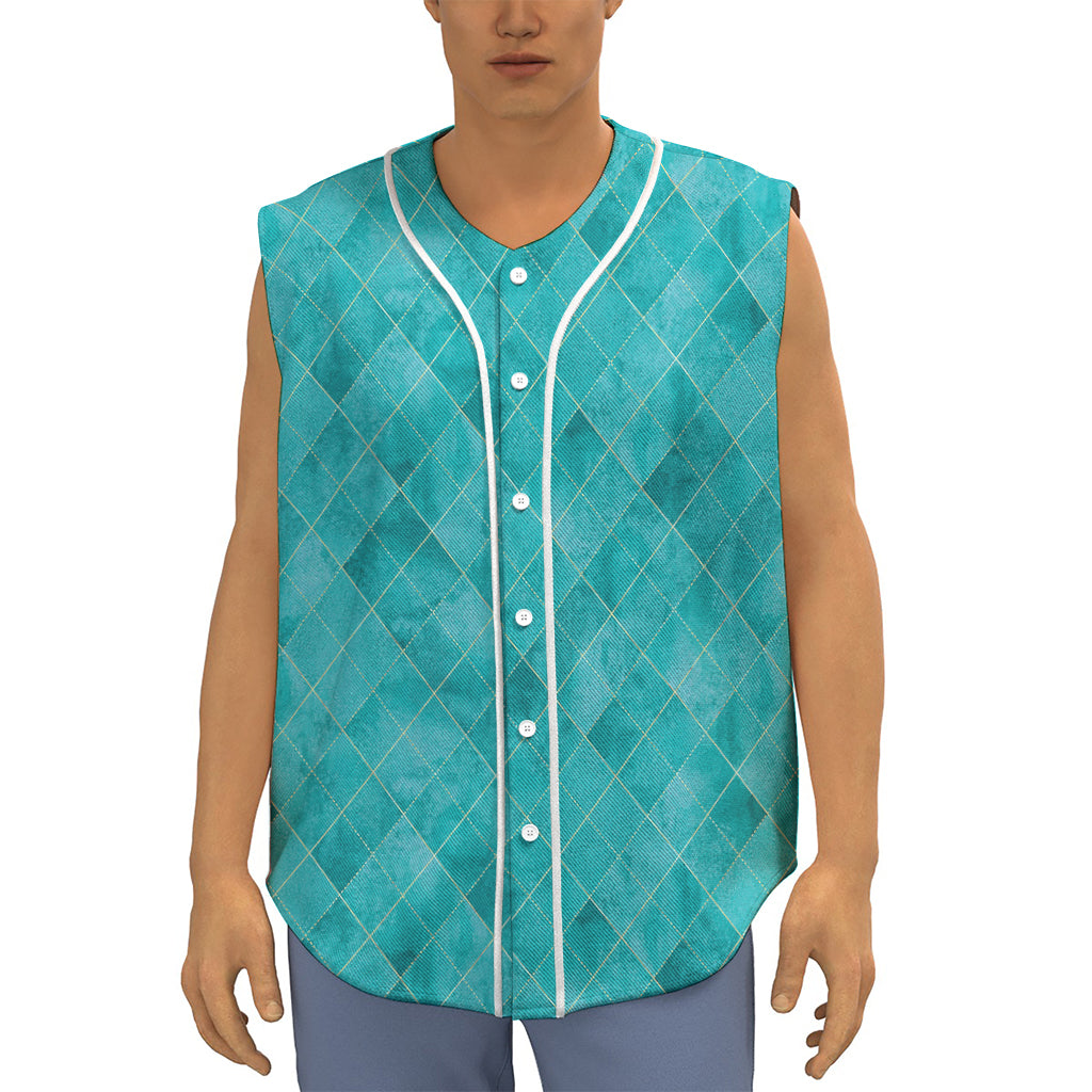Turquoise Argyle Pattern Print Sleeveless Baseball Jersey