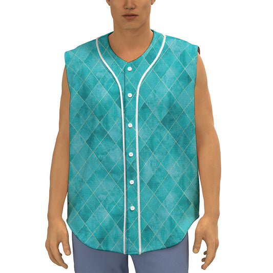 Turquoise Argyle Pattern Print Sleeveless Baseball Jersey